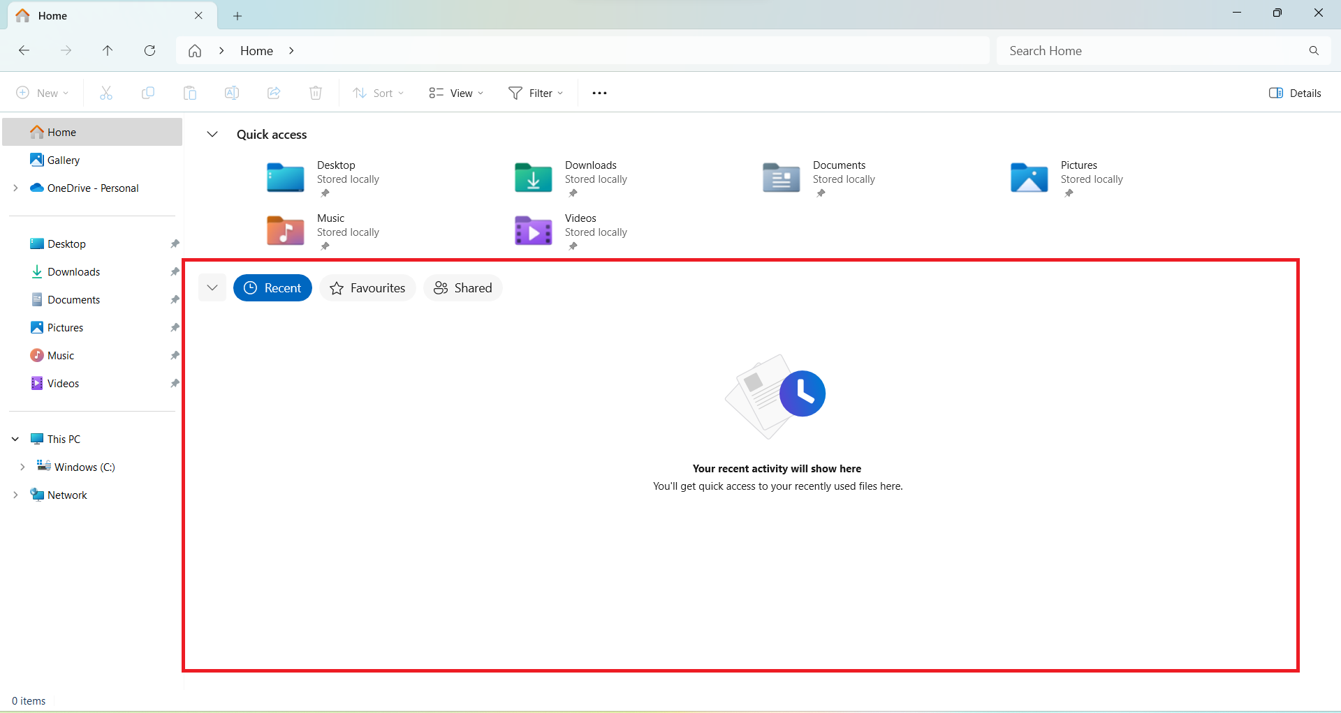 Your recent files, shared files, and favorites appear here