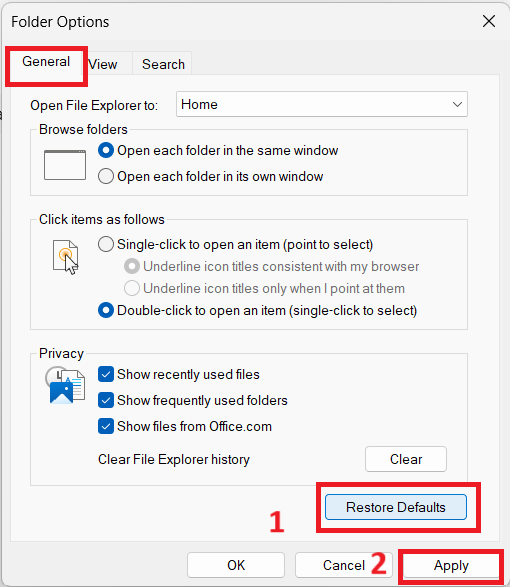 On the General tab, click the Restore Defaults button just below the Privacy section