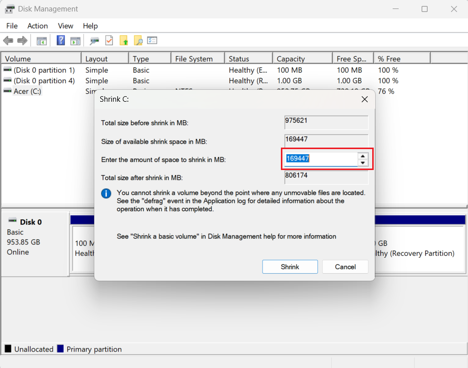 Leave unallocated space equal to the overprovisioning you want. Like I mentioned above, keep it within the recommended values (7–20% of total drive space)