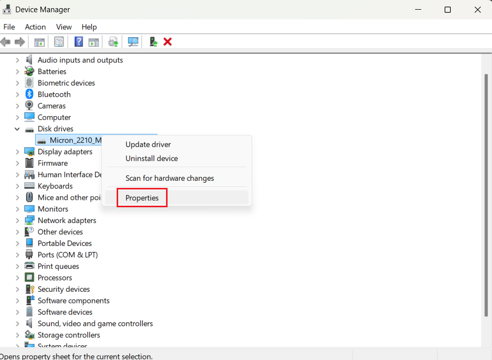 Right-click your SSD under Disk drives and select Properties