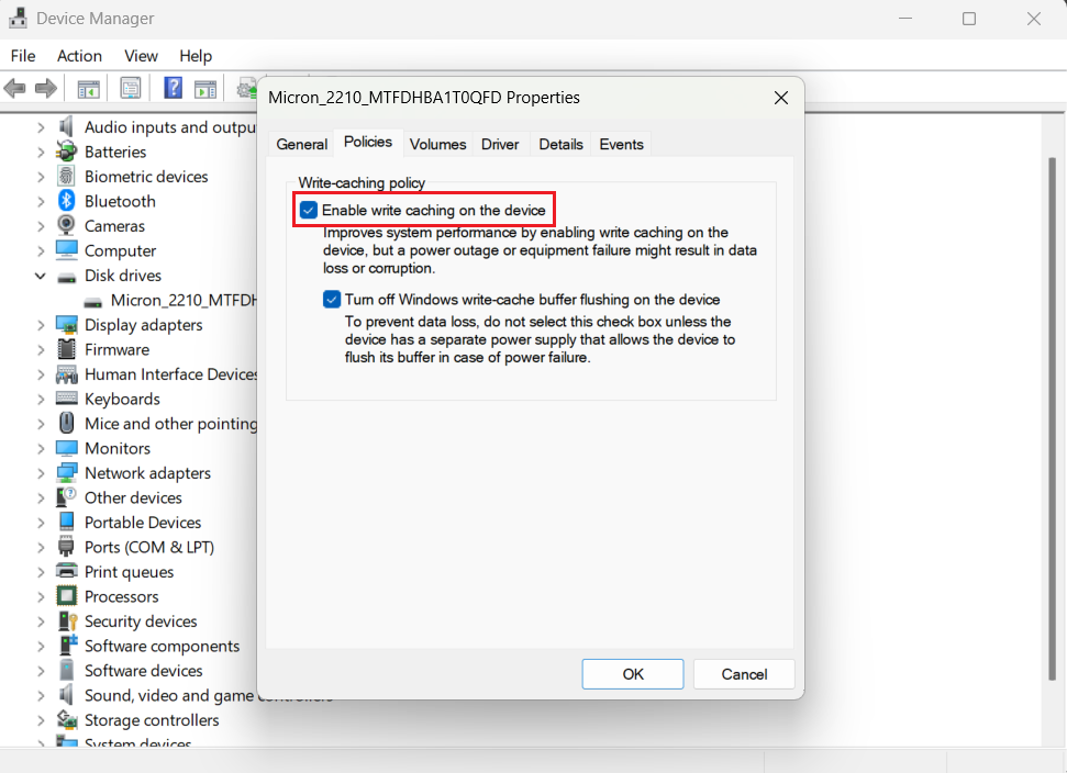Go to the Policies tab and check Enable write caching on this device