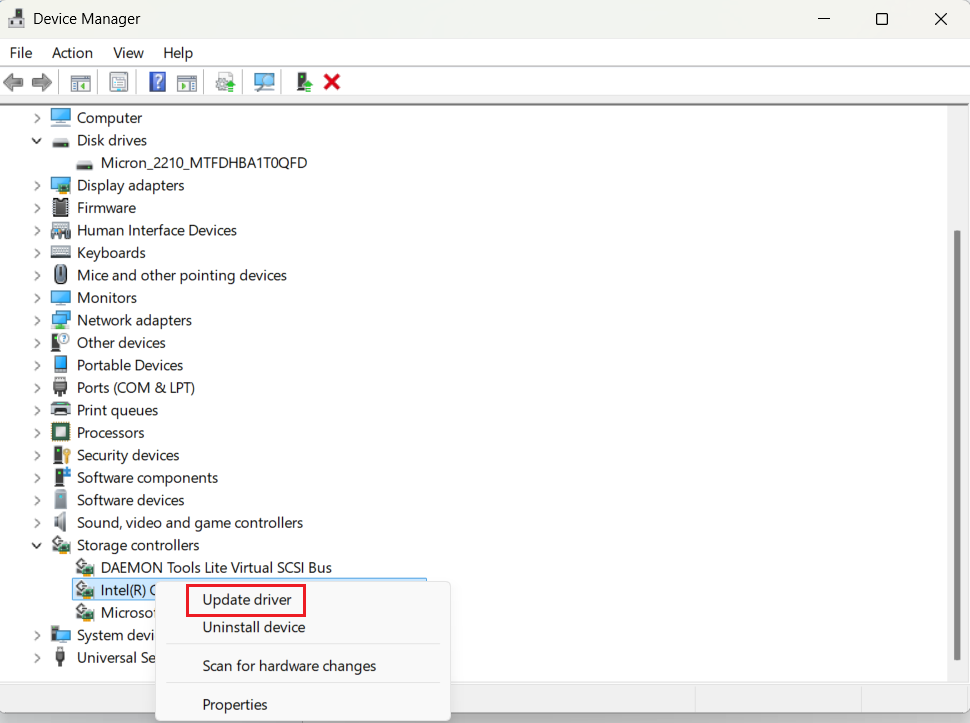 Right-click Start, select Device Manager, expand Storage controllers, right-click your controller, select Update driver, and click Search automatically for drivers