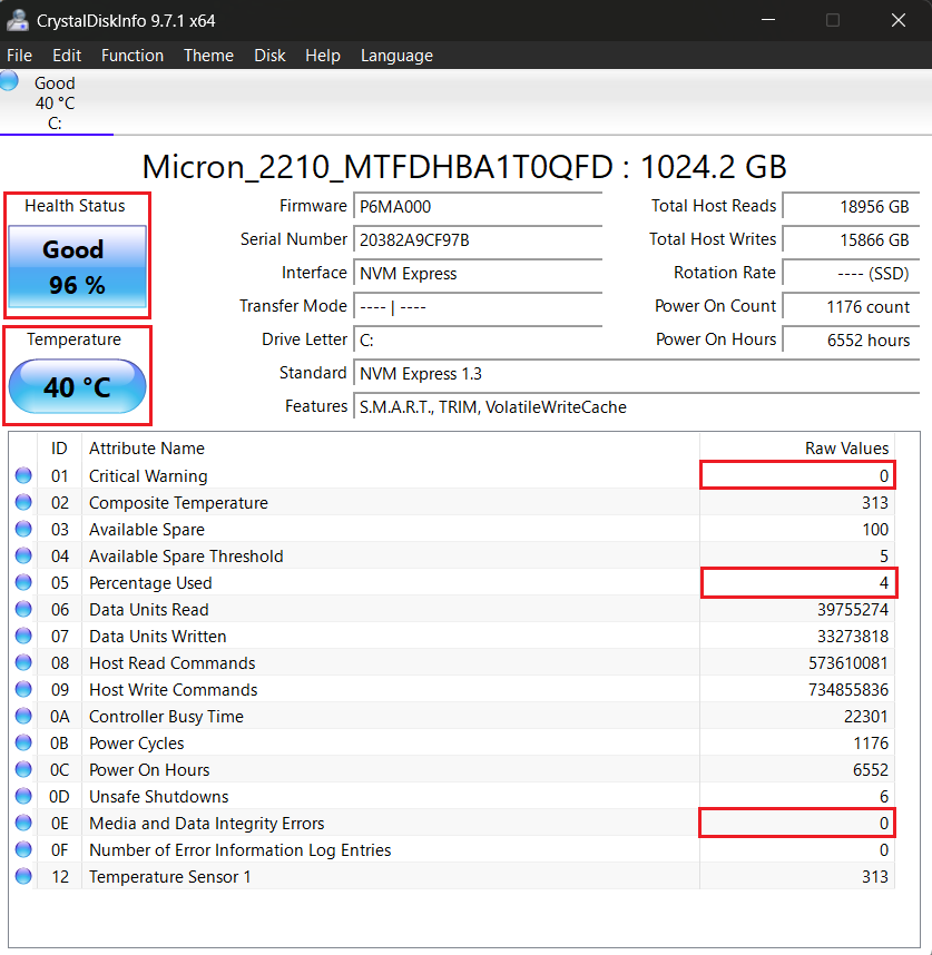 Open the vendor utility or a third-party tool like CrystalDiskInfo and look for the drive health status and SMART attributes such as percentage used, temperature, critical warnings, and errors