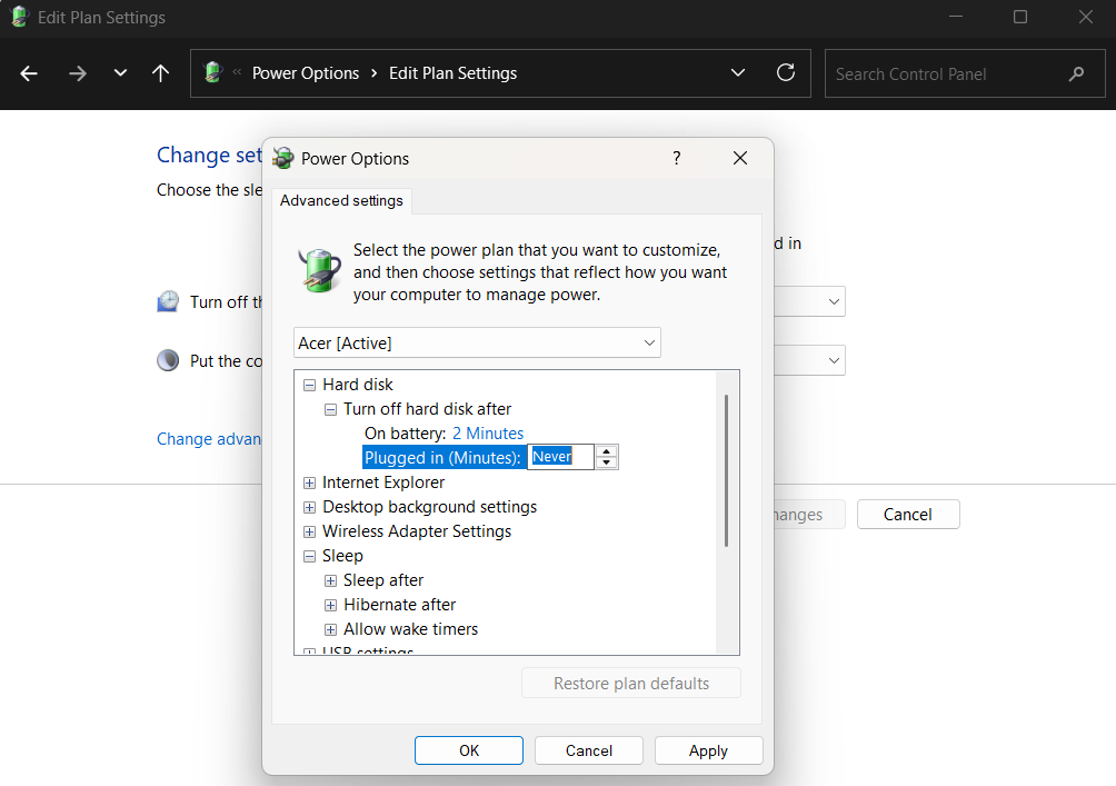 Expand Hard disk and set Turn off hard disk after to Never