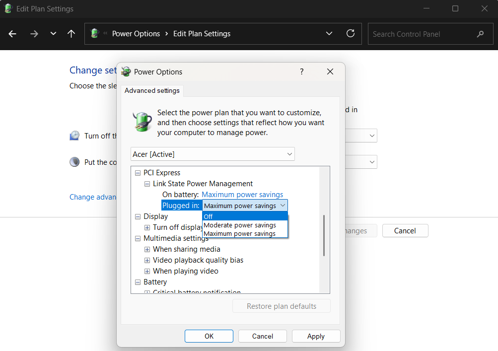 Expand PCI Express and set Link State Power Management to Off