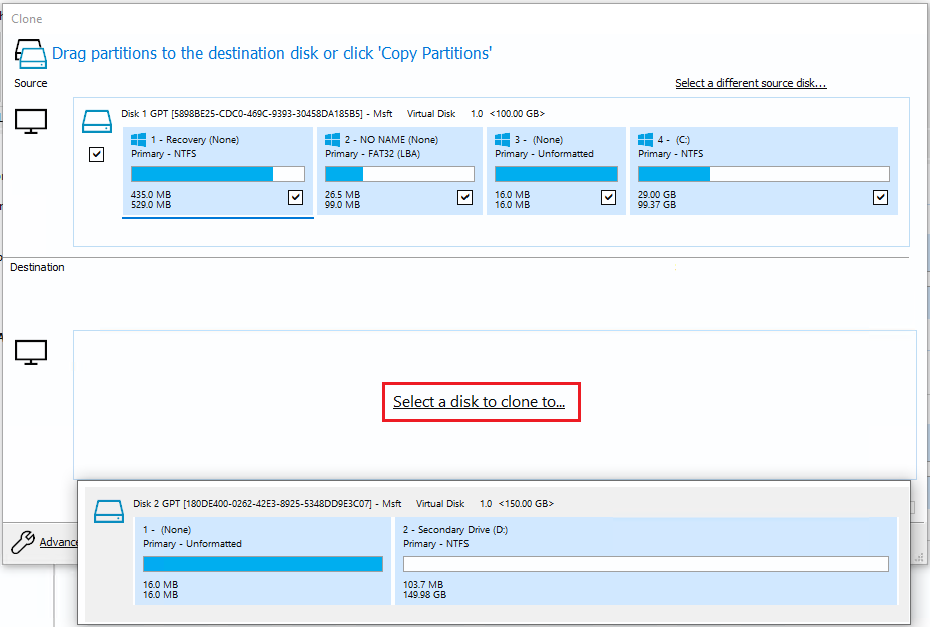 Click Select a disk to clone to and choose your new SSD as the destination drive