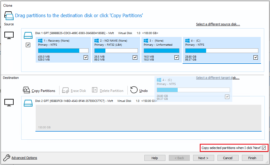 Drag partitions from the source drive manually (for customized cloning), or simply make sure that the Copy selected partitions when I click ‘Next’ box in the bottom right corner is checked