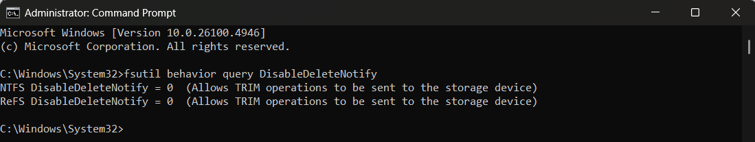 Run the fsutil behavior query DisableDeleteNotify command
