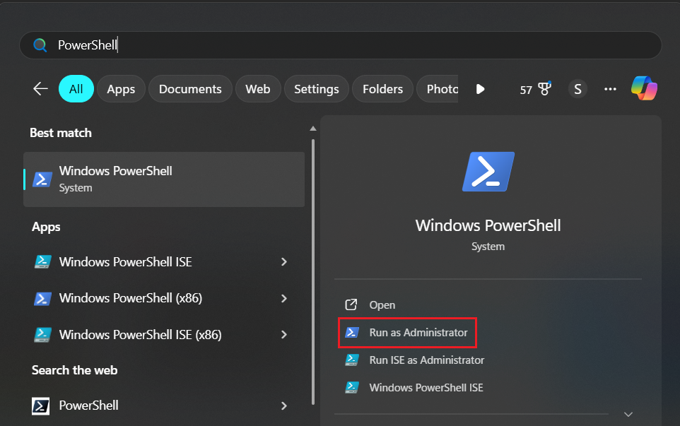 Click Start, search for PowerShell, and click Run as Administrator.