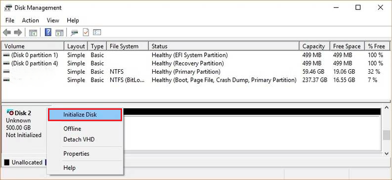 Find your new drive (it will usually show as Unknown/Not Initialized), right-click the disk label on the left (Disk 1/Disk 2), and select Initialize Disk