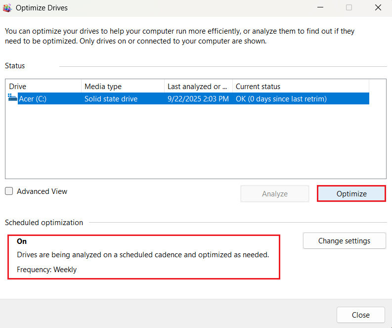 Open the Defragment and Optimize Drives tool. Click Optimize to run TRIM commands and garbage collection
