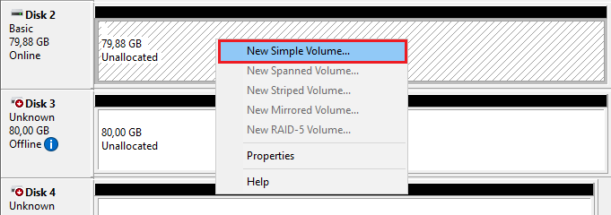 Next, right-click the now Unallocated space, select New Simple Volume, and click Next