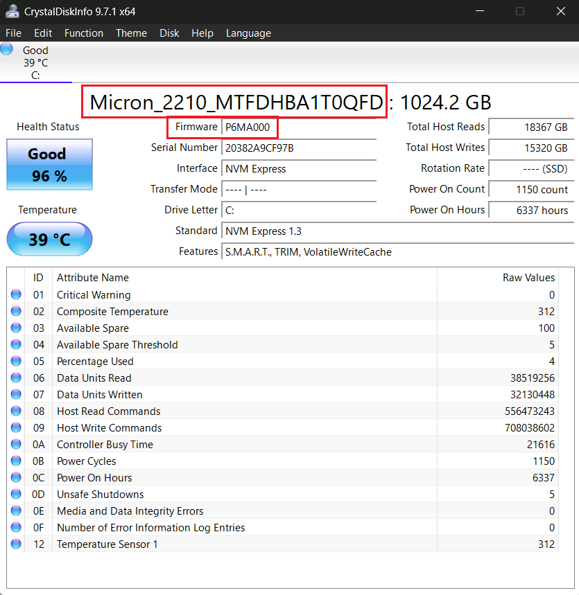 Open CrystalDiskInfo and note your drive model and firmware version