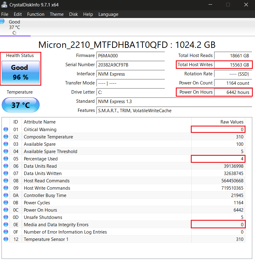 Launch the app and note the Health Status, Total Host Writes, Power On Hours, Percentage Used, Critical Warning, and Media and Data Integrity Errors indicators