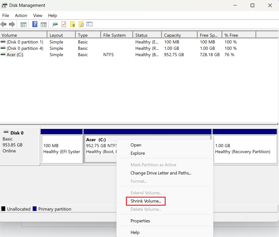 Right-click the main SSD partition and click Shrink Volume