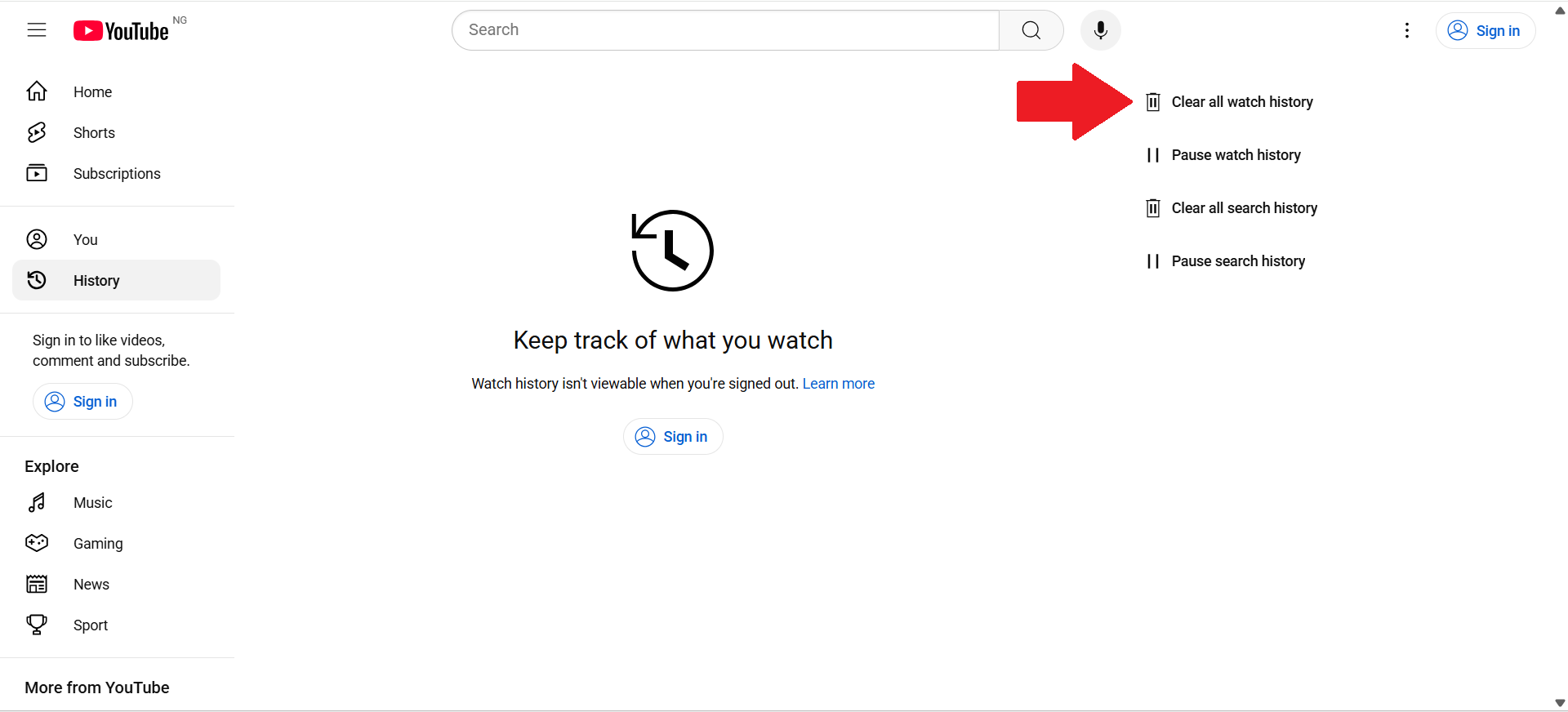 click on the Clear all watch history option on the right-hand side of the page