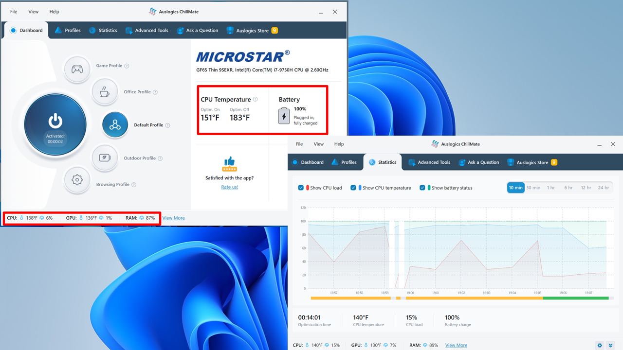 Apart from the Dashboard tab, you should see CPU and GPU temperature and usage and RAM usage in the bottom panel