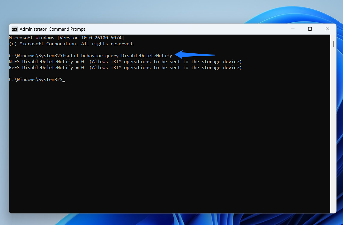 After the Command Prompt window opens, type fsutil behavior query DisableDeleteNotify and press the Enter key