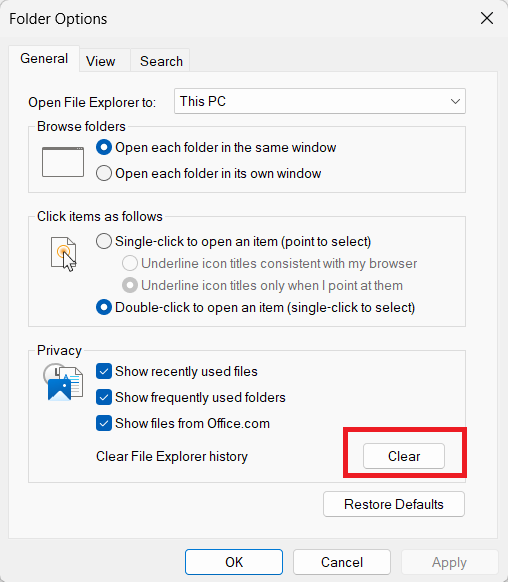 Click on the Clear button on the right-hand side