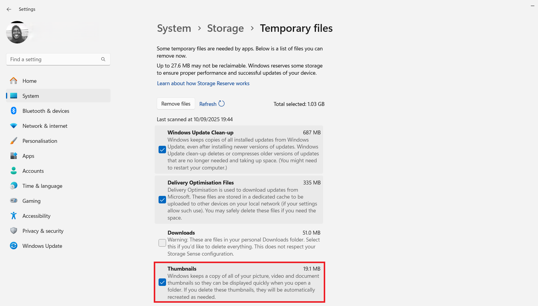 Scroll through the list of items for cleanup and see that the checkbox for Thumbnails is marked