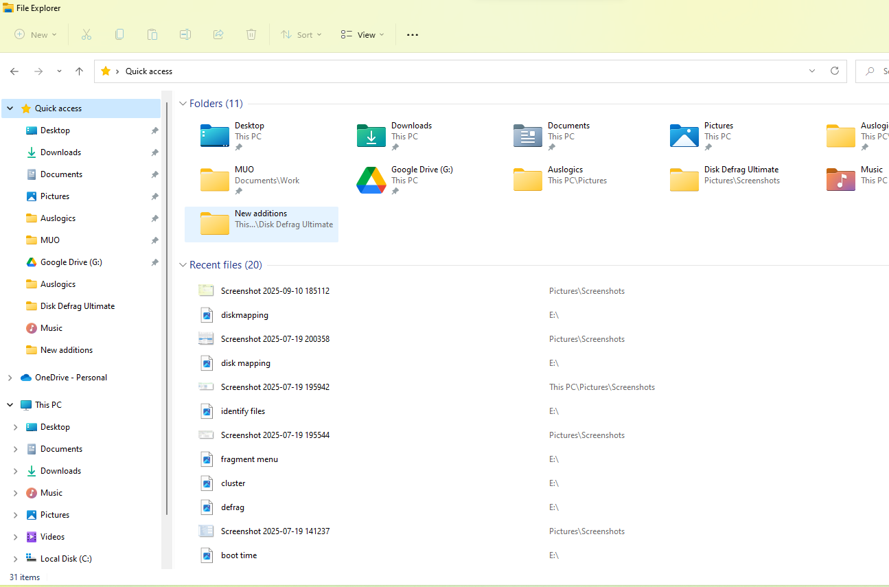 Quick access is listed in the left pane