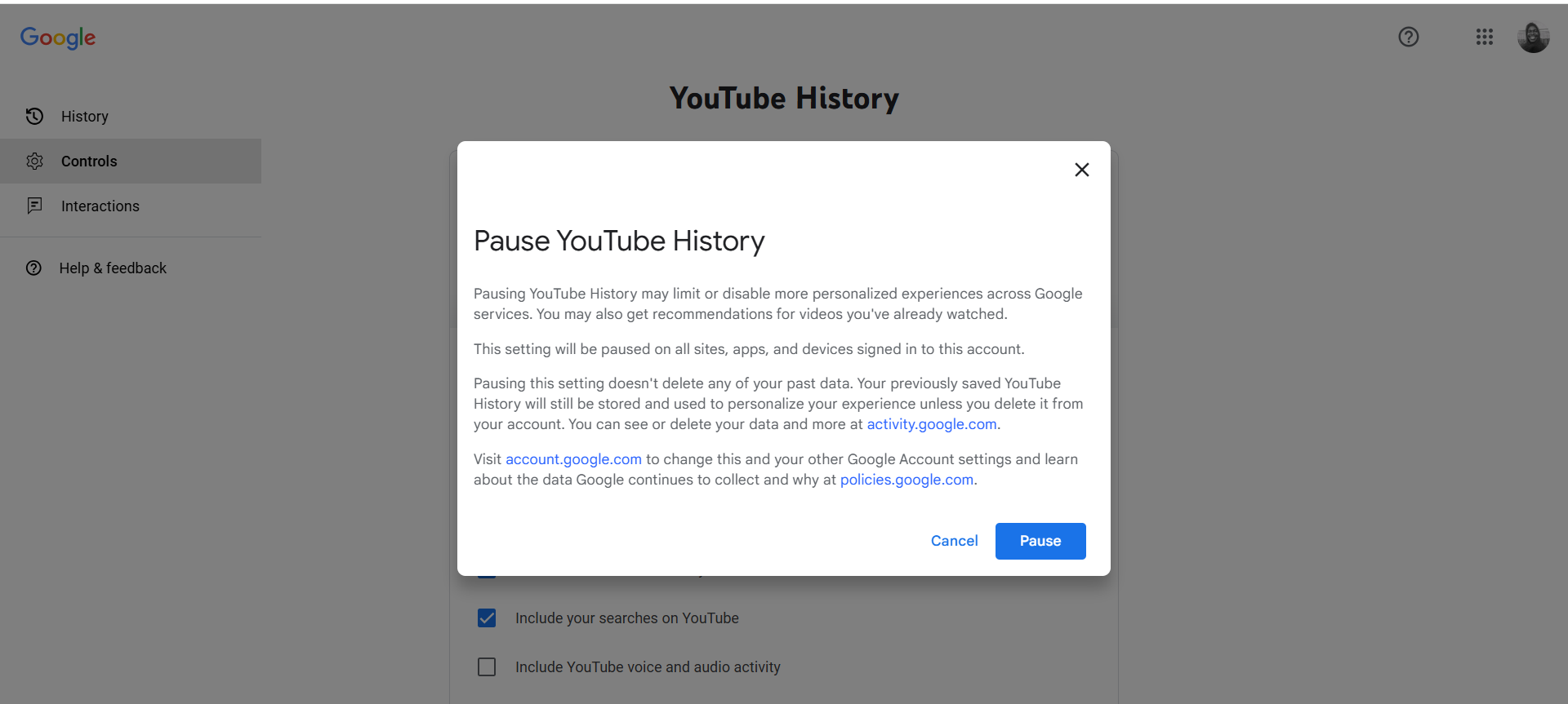 Click the Pause button in the confirmation prompt that pops up
