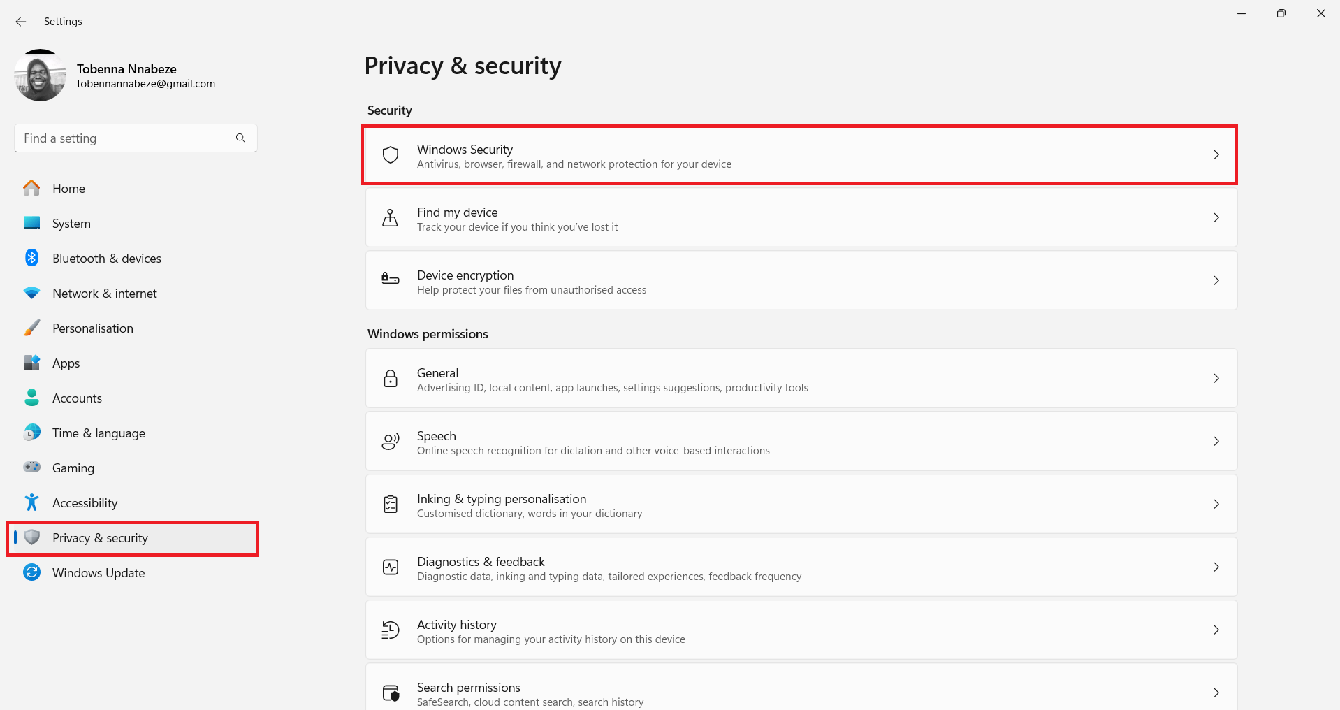 Click on Privacy & security on the left pane and then click on Windows Security