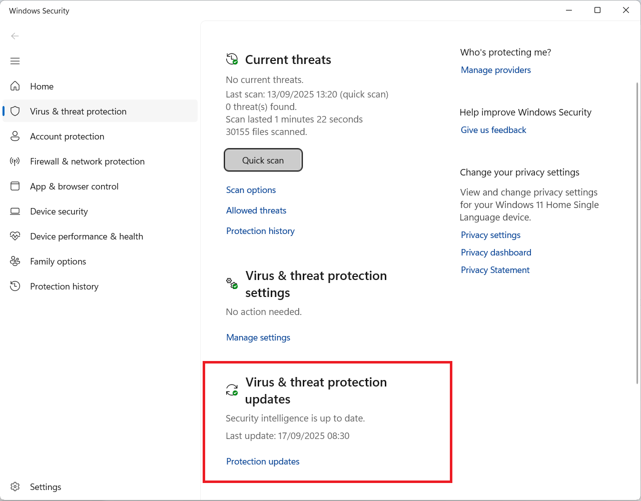 Scroll down to Virus & threat protection updates, then click on the Protection updates link