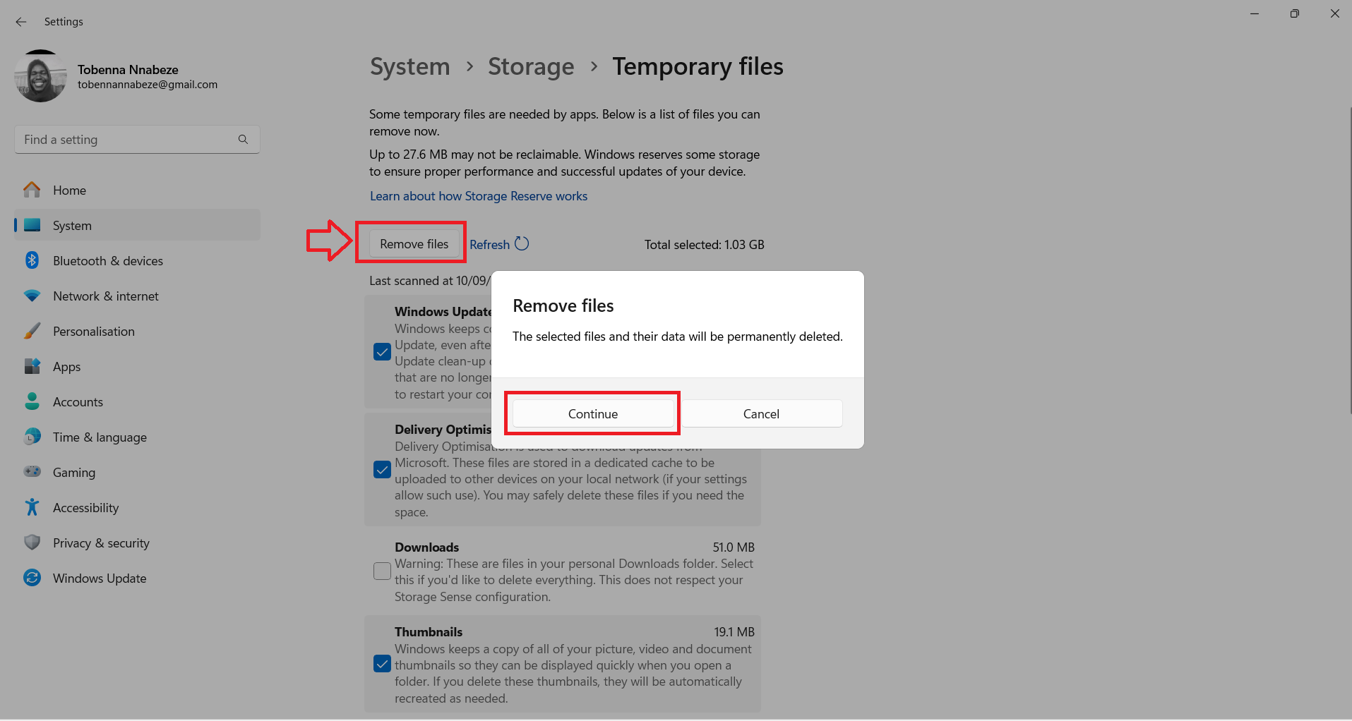 click the Remove files button at the top of the list