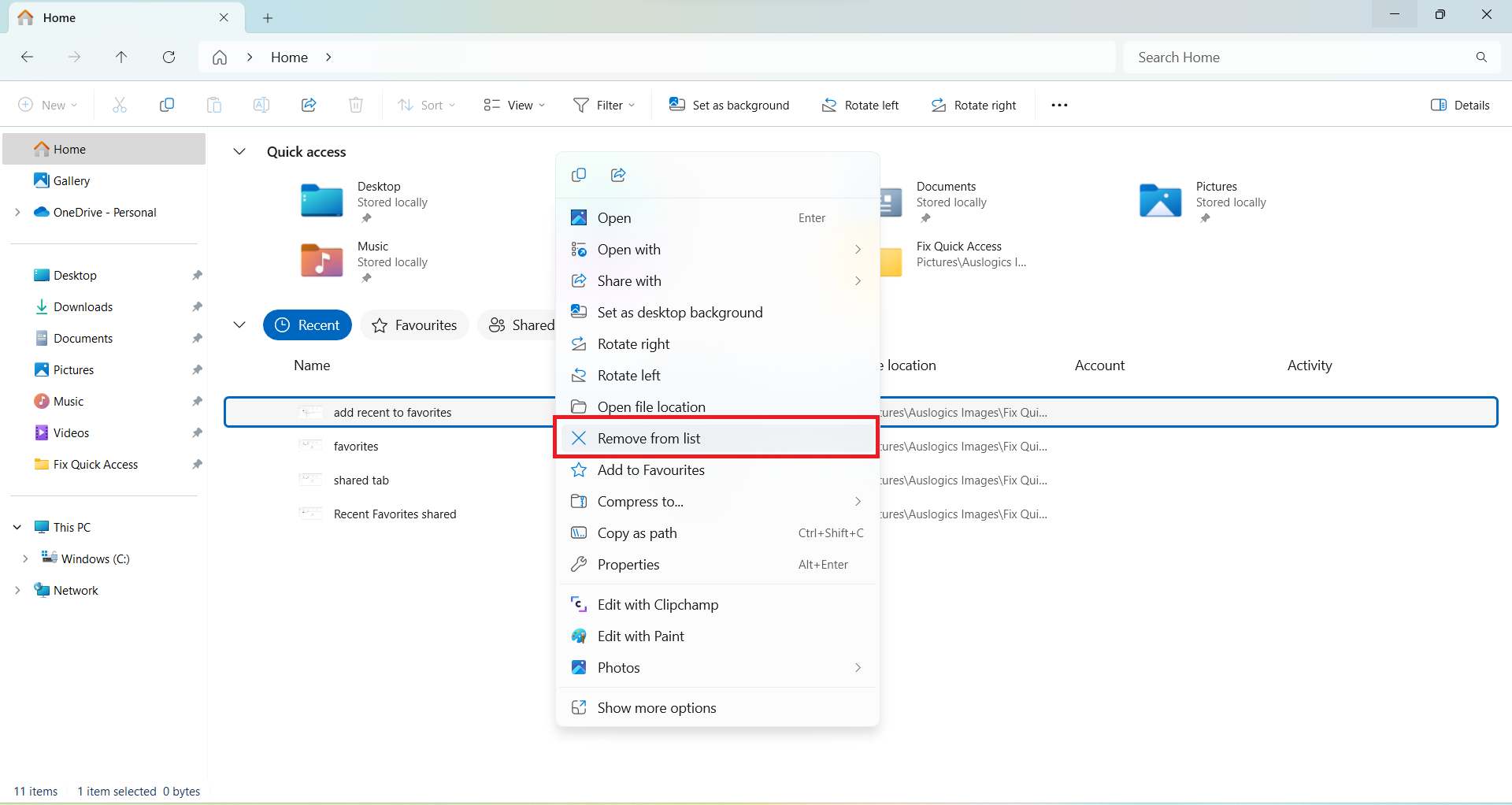 click on Remove from list in the context menu