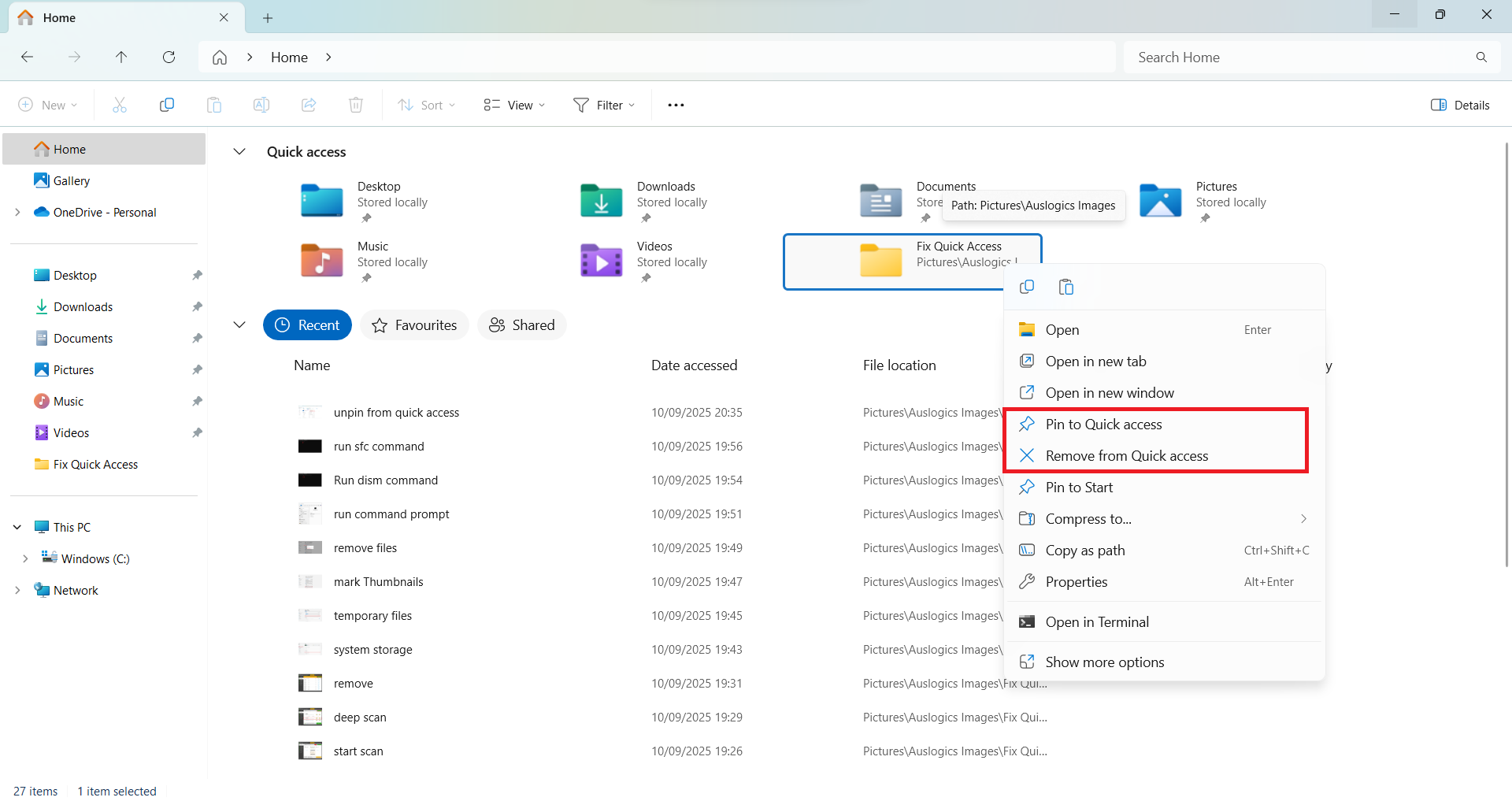 selecting Pin to Quick access