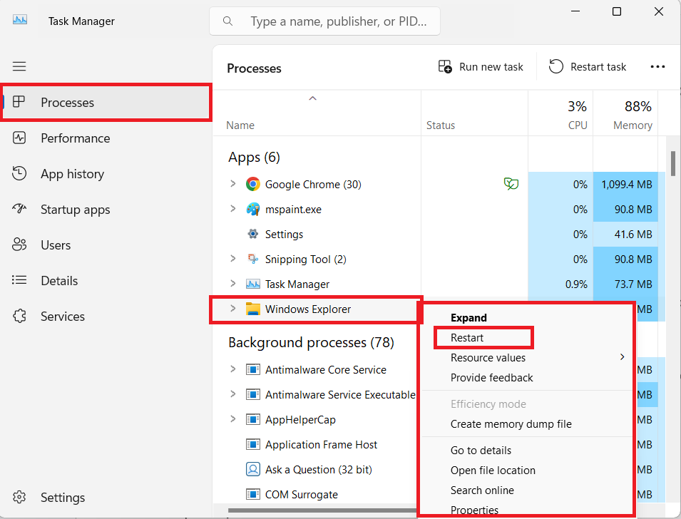 locate Windows Explorer under Apps on the right-hand side
