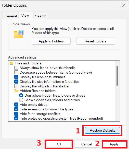 click the Restore Defaults button just below the Advanced settings menu