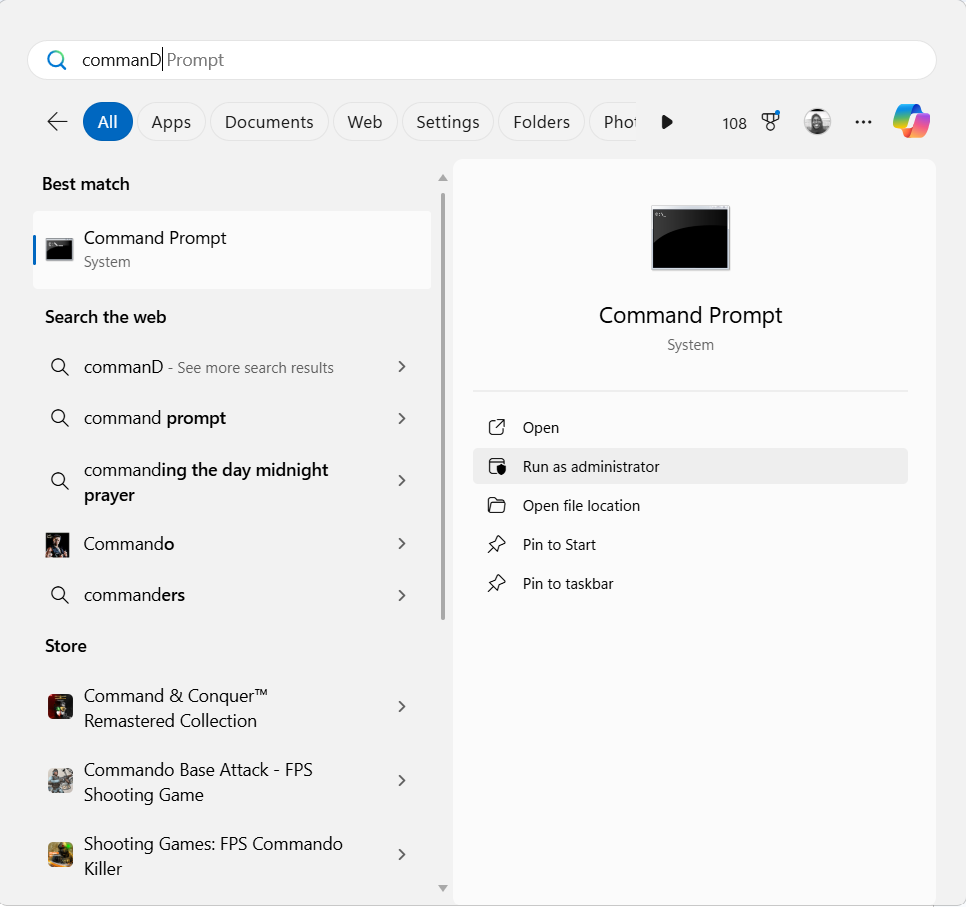 Click on Run as administrator when Command Prompt appears in the search results