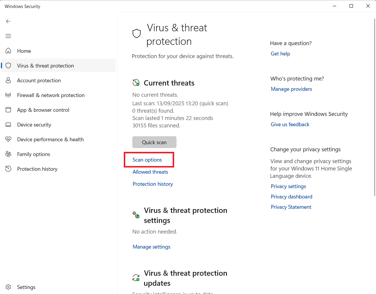 Click the Scan options link beneath the Quick scan button under Current threats