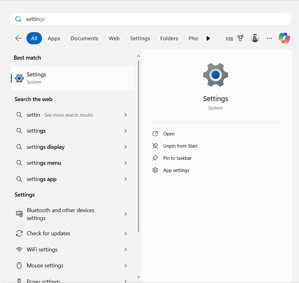 Type Settings and click on the best match when it appears in the search results