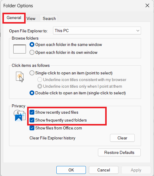 See that you are on the General tab in the Folder Options dialog bo