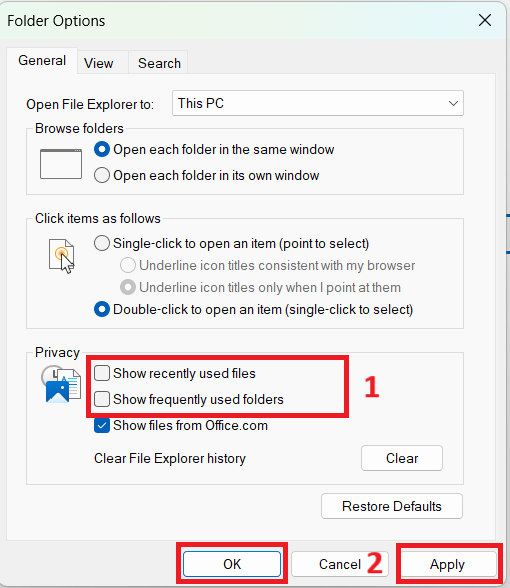Deselect the options for Show recently used files and Show frequently used folders