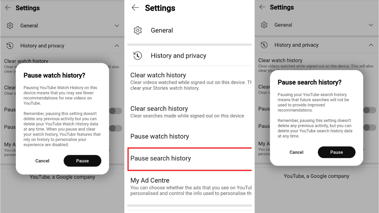 tap the Pause button in the Pause YouTube History confirmation prompt that pops up
