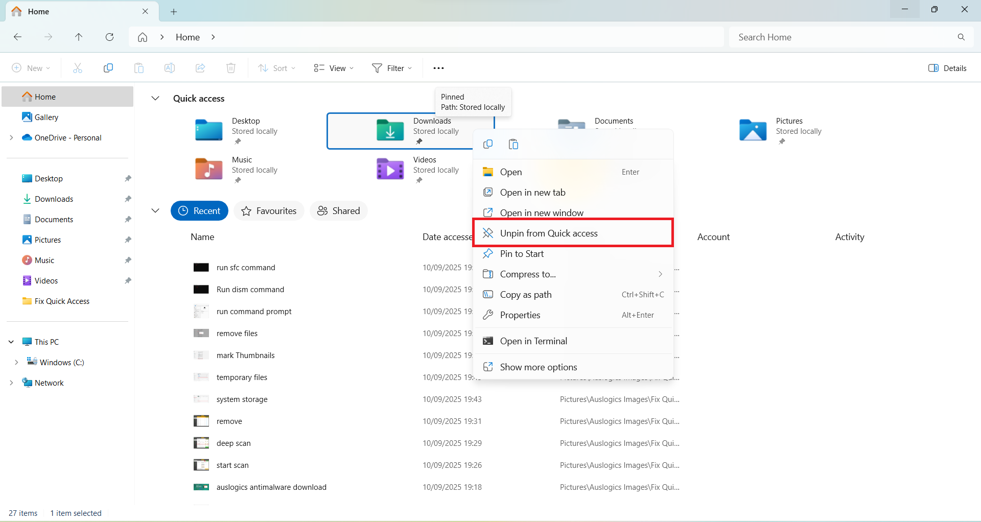 you can remove the pre-existing folders in the Quick access menu, such as Desktop, Downloads, Documents, Music, and Video