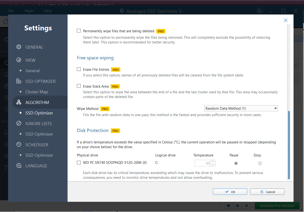 Under Disk Protection, specify a maximum temperature within which the app will safely perform SSD optimization