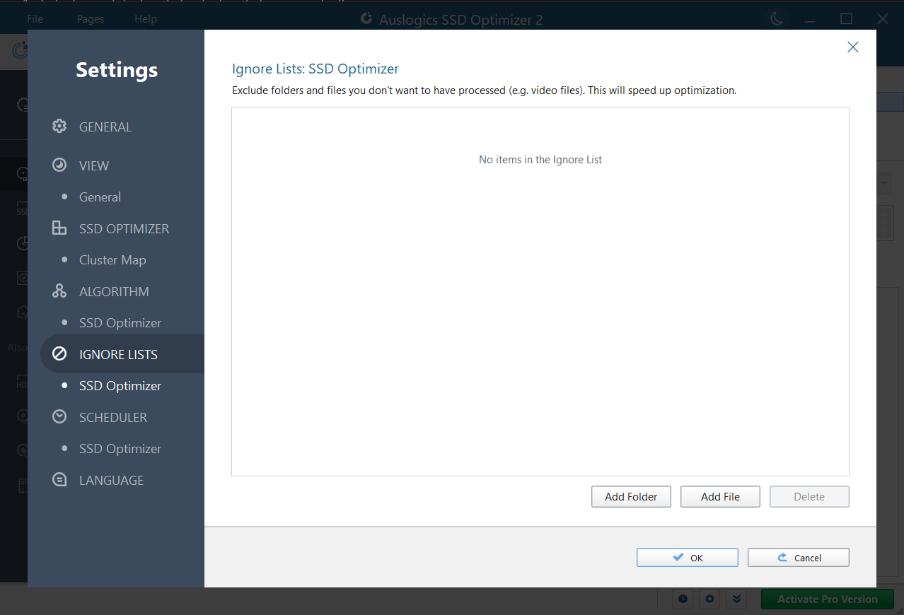 Click on Ignore Lists and then use the Add Folder or Add File button to select specific folders or files on your storage to ignore