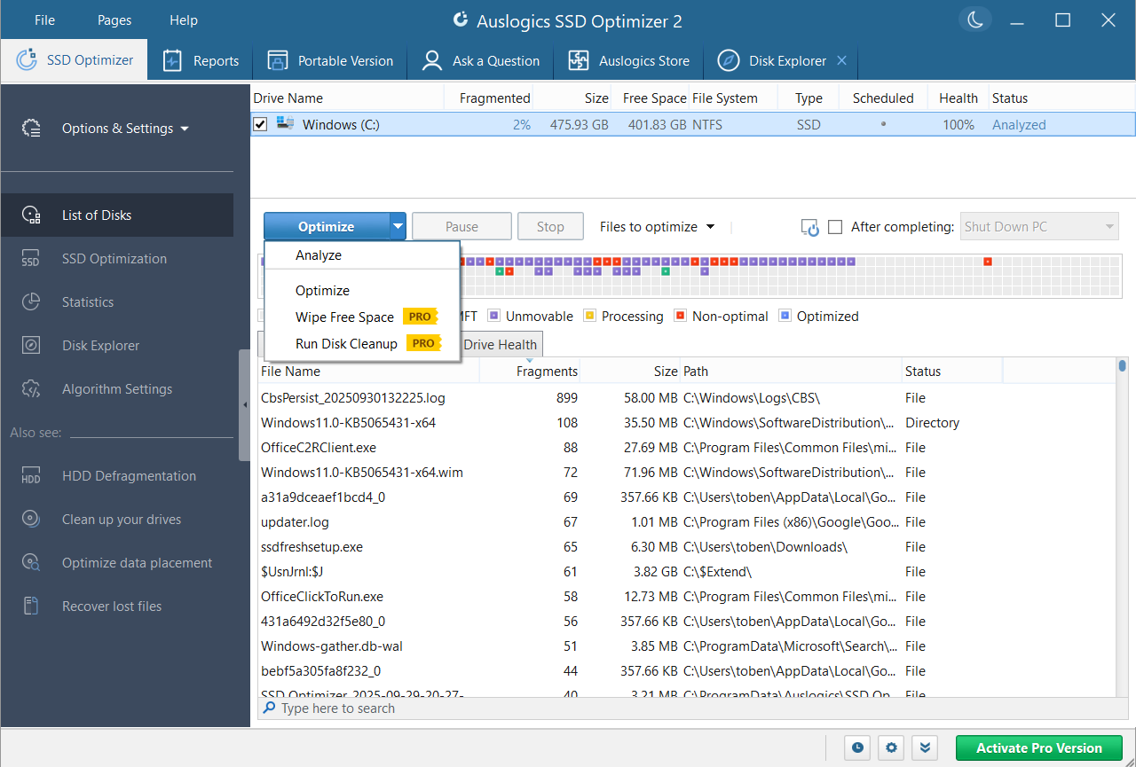 Click the drop-down arrow on the Optimize button