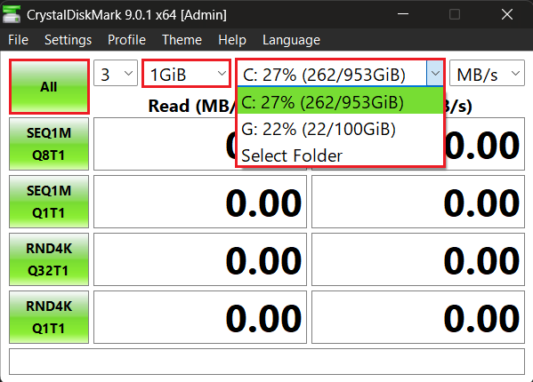 Make sure your SSD is selected, set the test size (1 GiB is fine), and click All