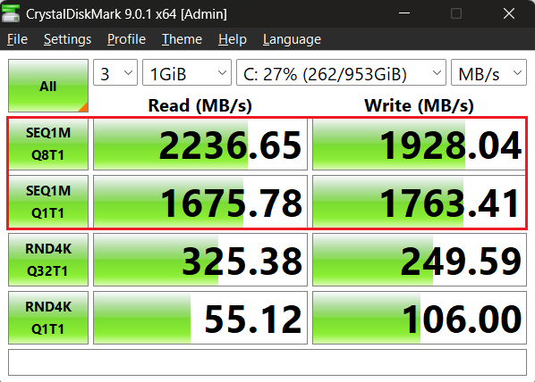 Check your drive’s rated sequential read/write speed specs and compare your drive’s actual results against them
