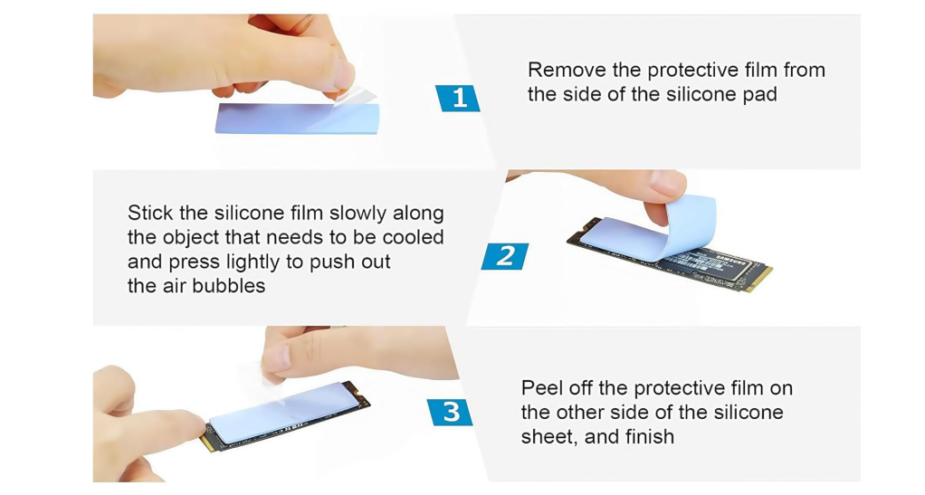 Adhesive or thermal pads are usually low-profile silicon heat pads with adhesive strips