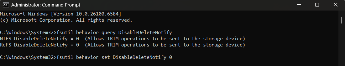 If TRIM is disabled, type fsutil behavior set DisableDeleteNotify 0 and hit Enter to enable it