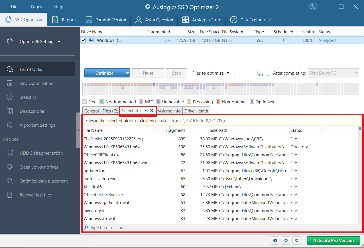 Click a block on the cluster map, and a Selected Files tab will appear, listing all files that are located in that bloc