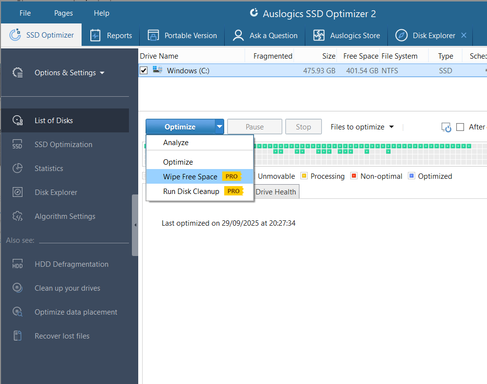 click the drop-down arrow on the Optimize button and then click on Wipe Free Space