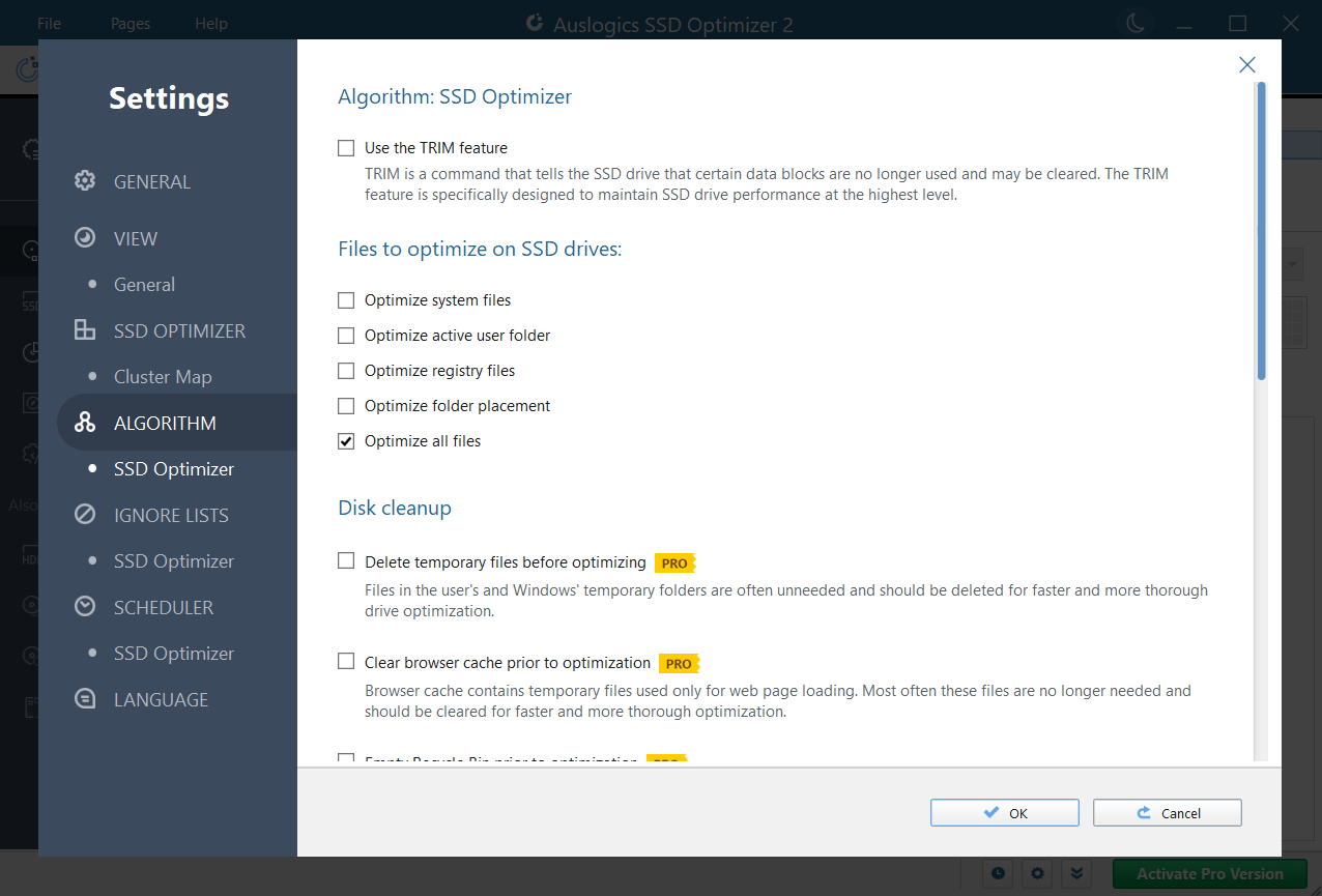 Settings under Algorithm let you specify what the app is allowed to do when carrying out SSD optimization
